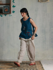 Blue Checks on White Box Pleats Pants