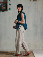 Blue Checks on White Box Pleats Pants