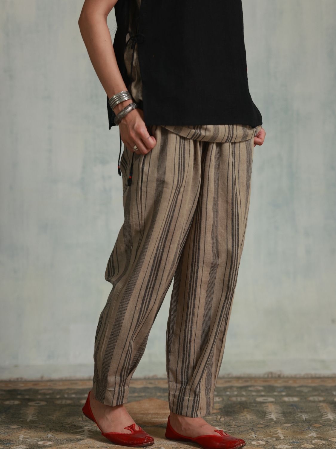 Grey Stripes Box Pleats Pants