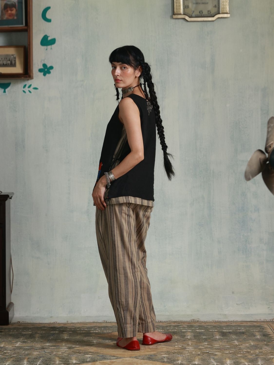 Grey Stripes Box Pleats Pants