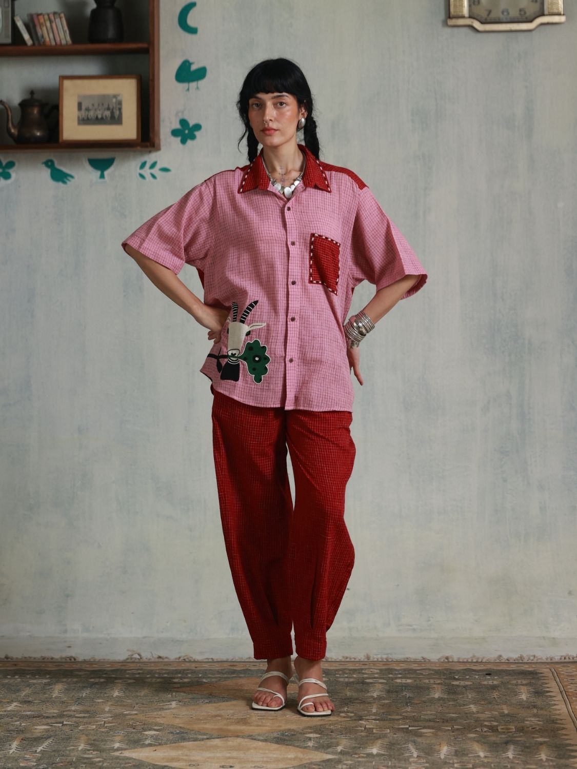Red Checks Box Pleats Pants
