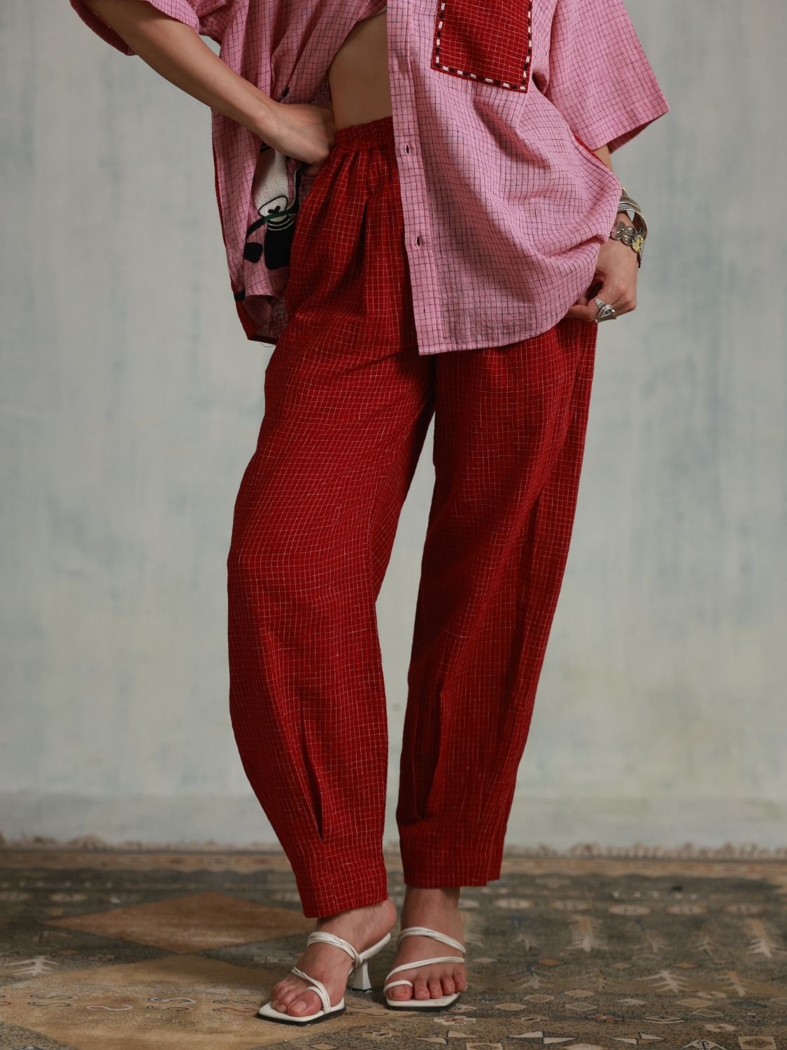 Red Checks Box Pleats Pants