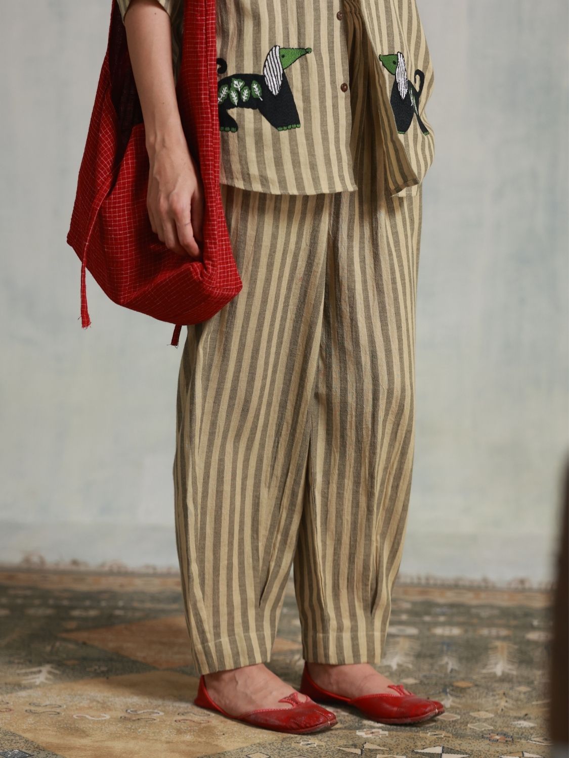Brown Stripes Box Pleats Pants