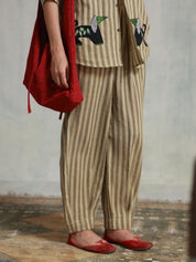 Brown Stripes Box Pleats Pants
