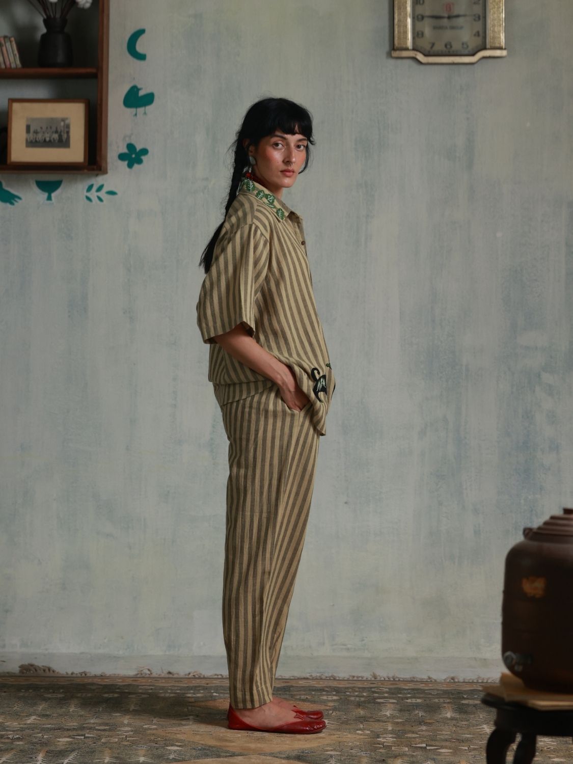 Brown Stripes Box Pleats Pants