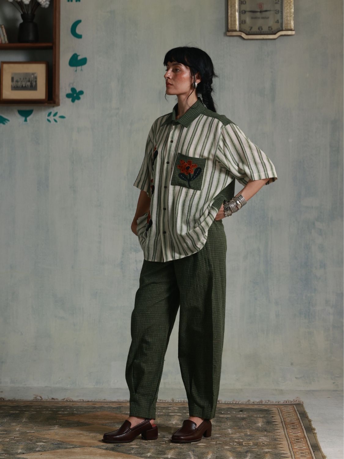Green Checks Box Pleats Pants