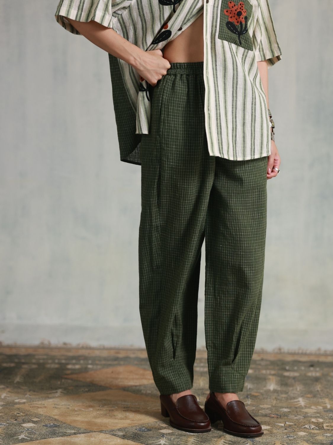 Green Checks Box Pleats Pants