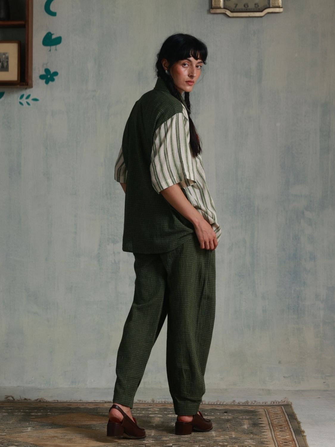 Green Checks Box Pleats Pants