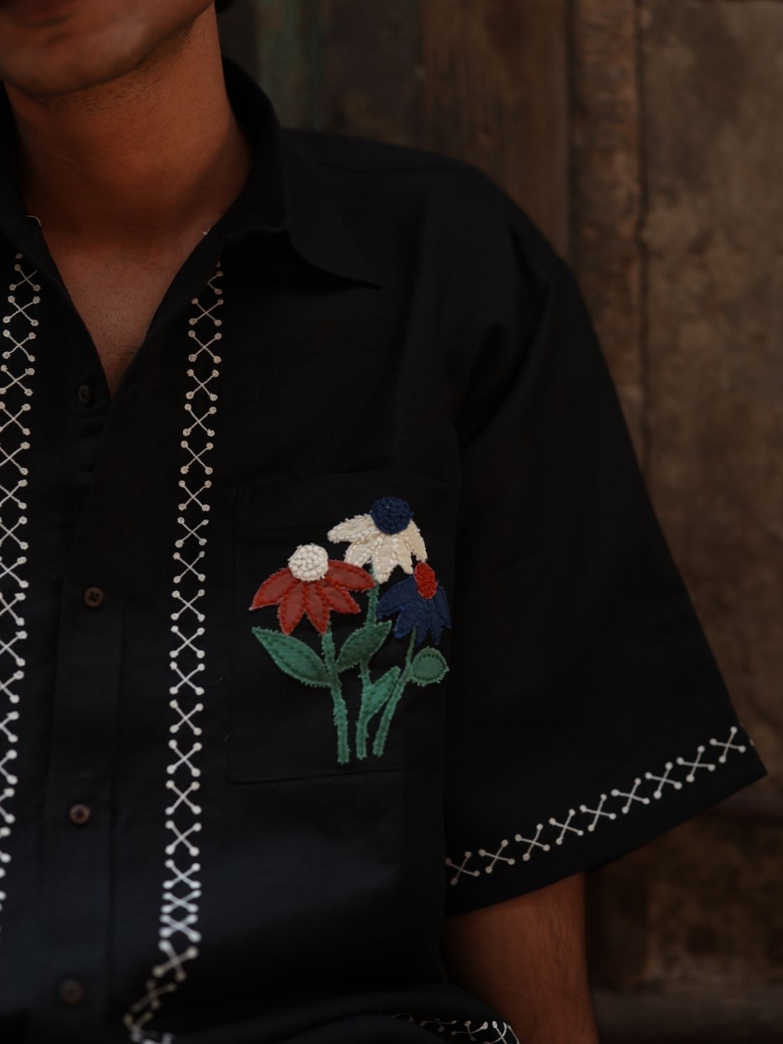 Wildflower Pocket (Black) Oversized Shirt
